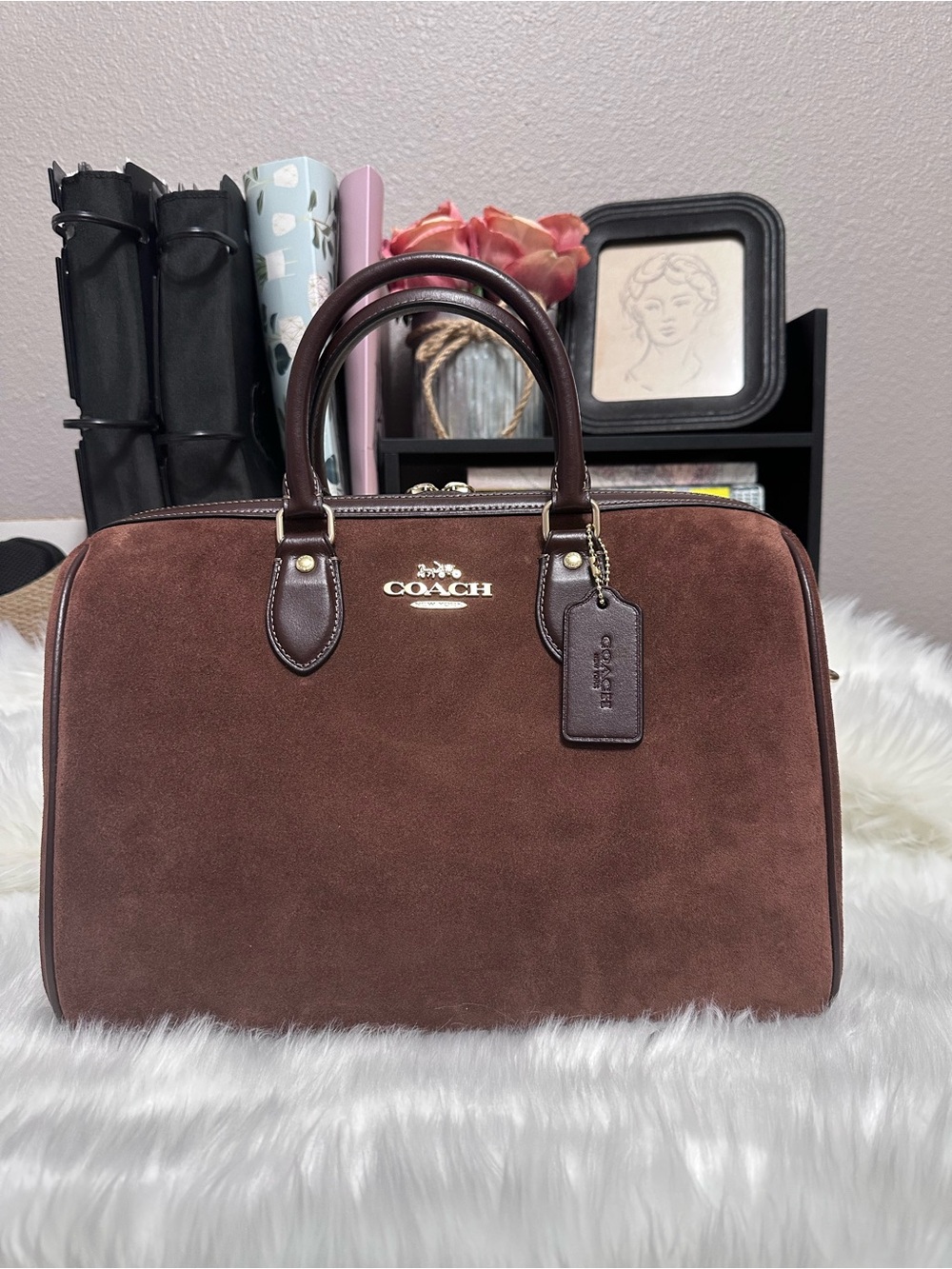 Coach Brown Suede Dome Satchel with Dark Brown Trim and Gold Hardware